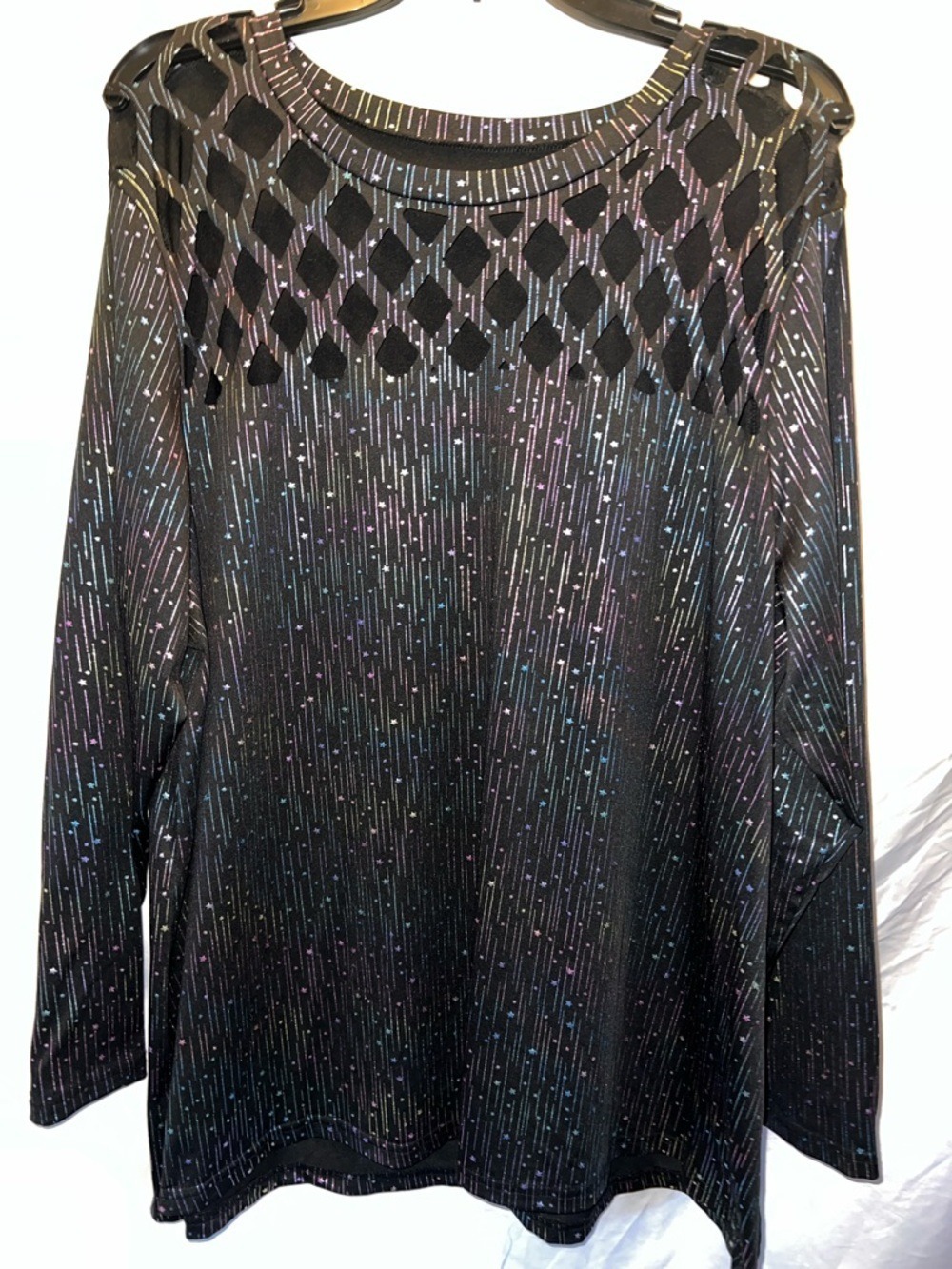 Blouse with Black & Color Sparkle Long-Sleeve Women's Top with Cutout Detail